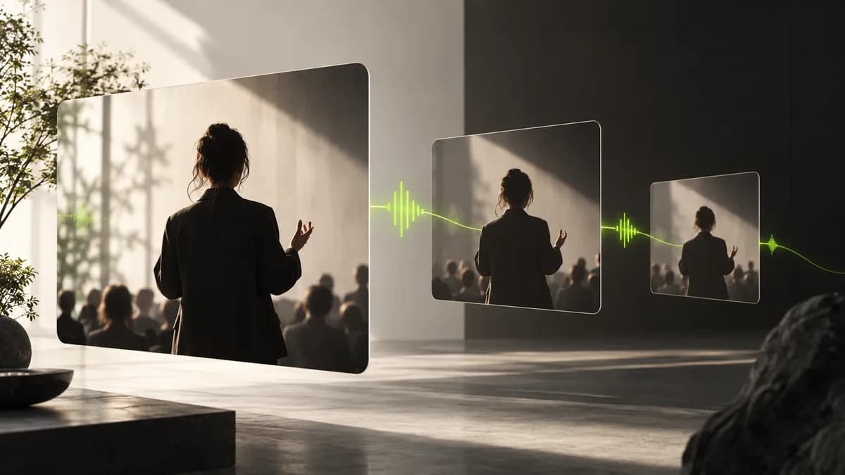 Abstract sequence of repeated portrait frames with a lime audio path moving through the composition