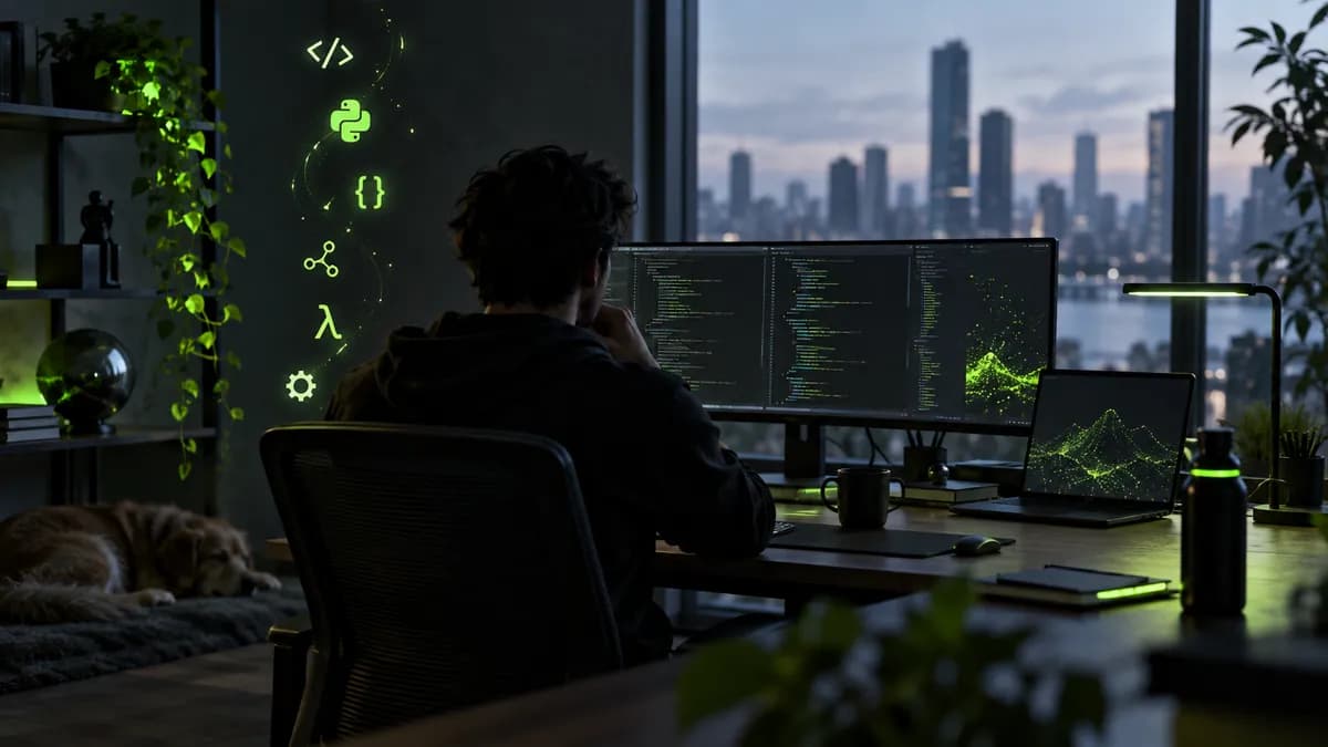 Abstract developer workstation scene with a speaker silhouette and cascading language symbols