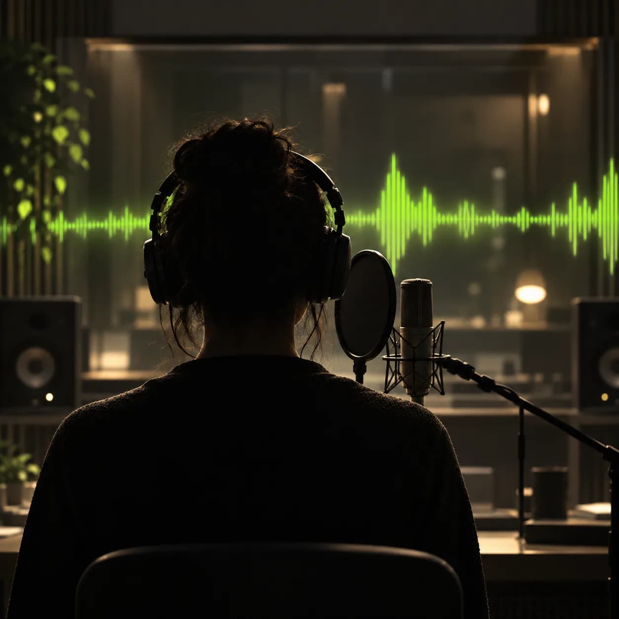 Abstract vertical video scene showing a backlit speaker and a lime audio waveform