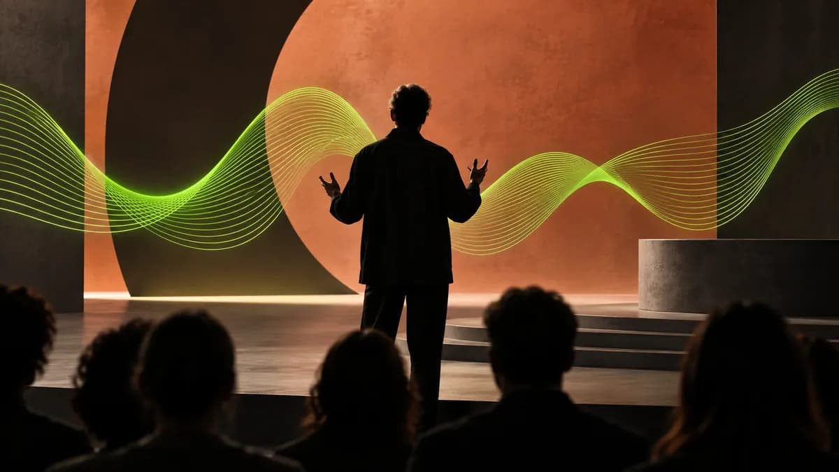 Abstract lime waveform passing through a portrait silhouette