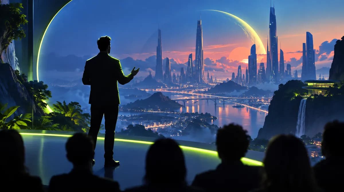 Abstract presenter silhouette surrounded by blue and lime light