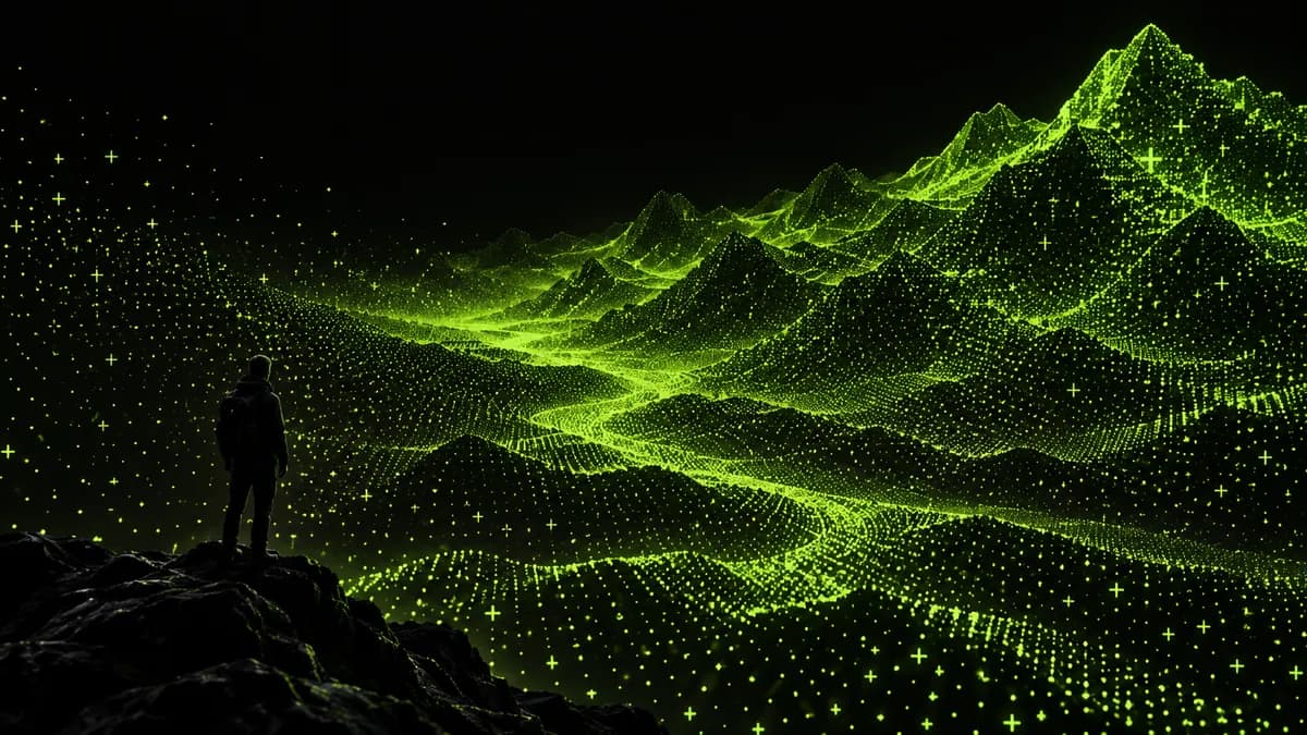 Abstract lime pixel landscape on a black background representing image-to-video creation