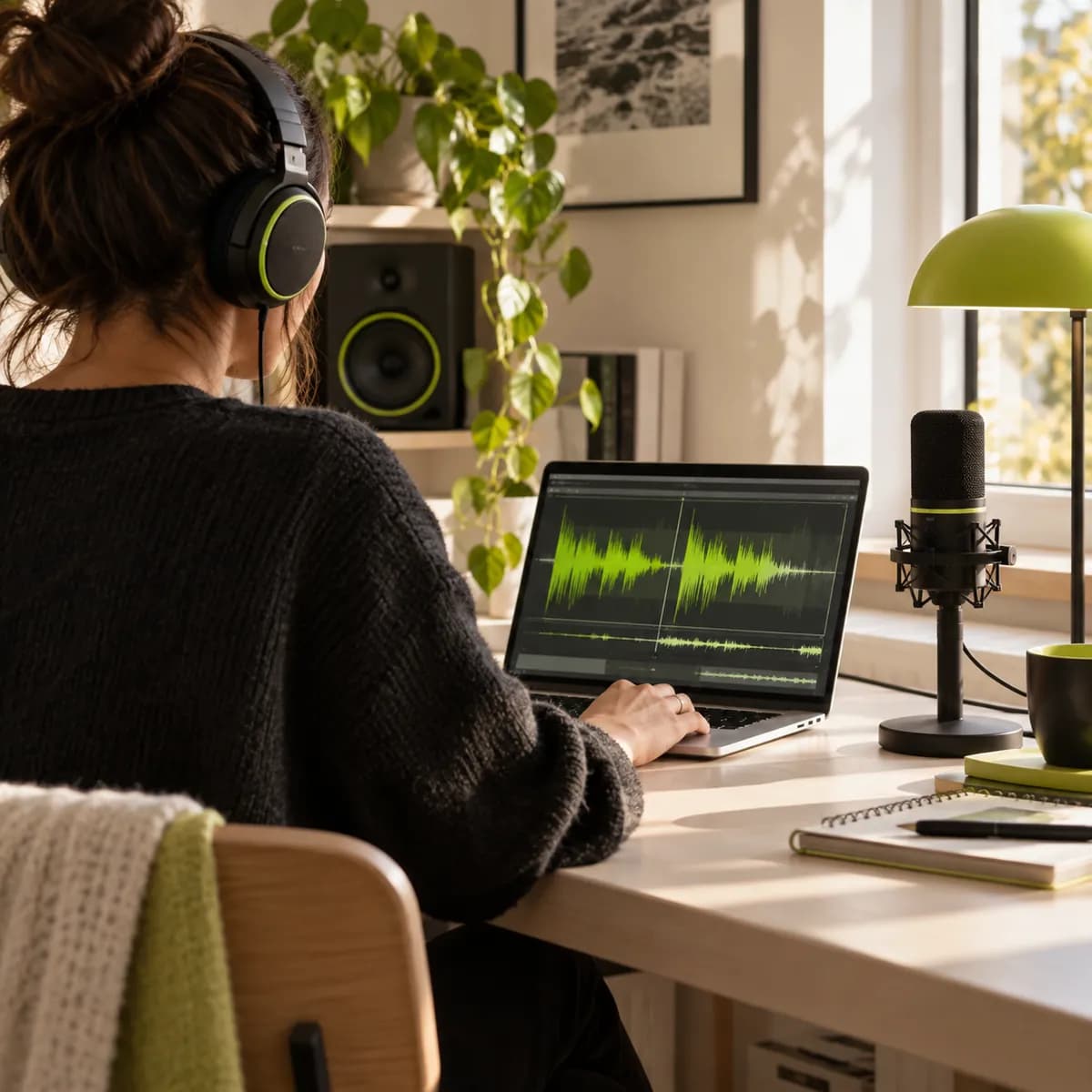 Sound editor refining a recording in a bright creative workspace