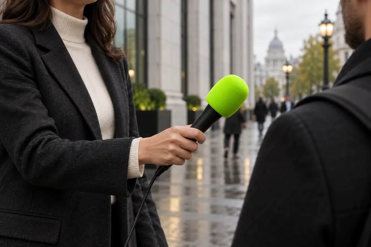 Street interview microphone with a clean audio visualization overlay