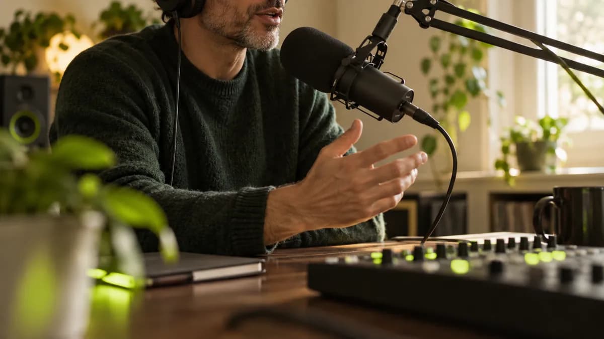 Experienced audio host speaking into a microphone in a bright studio