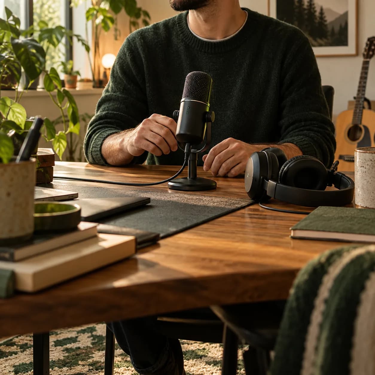Sound editor working in a warm home recording studio