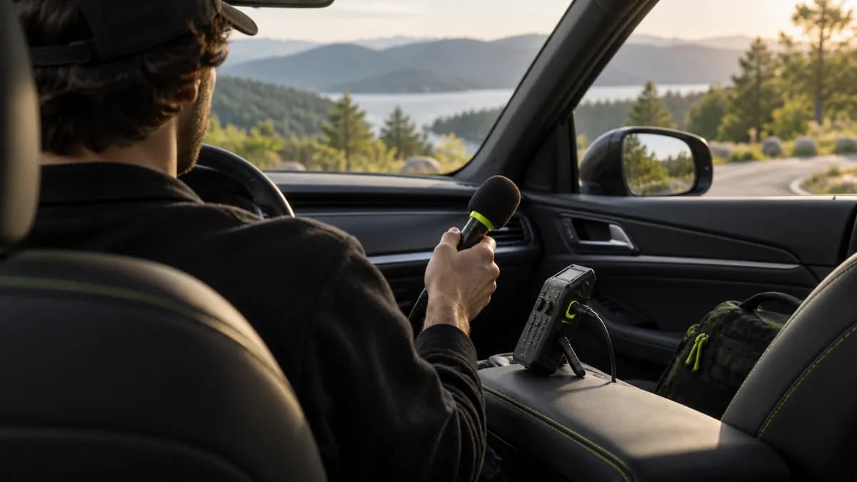 Creator recording an audio tutorial from the back seat of a car