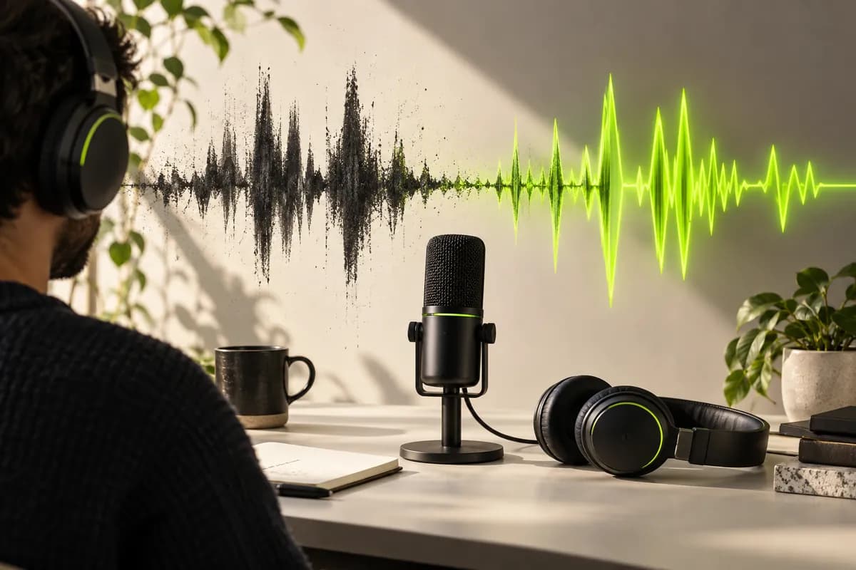 Abstract audio cleanup demonstration with a creator workstation and contrasting sound waves
