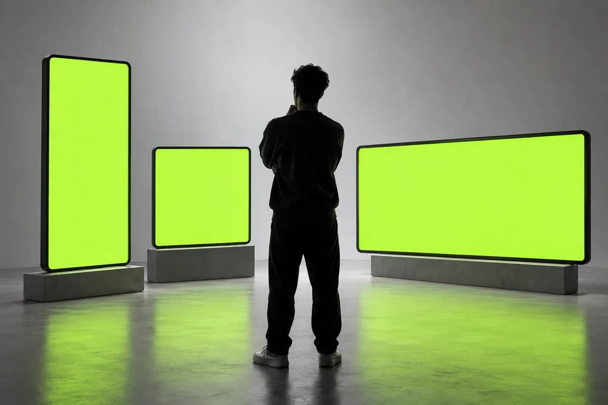 Abstract silhouetted creator surrounded by blank vertical and widescreen video frames