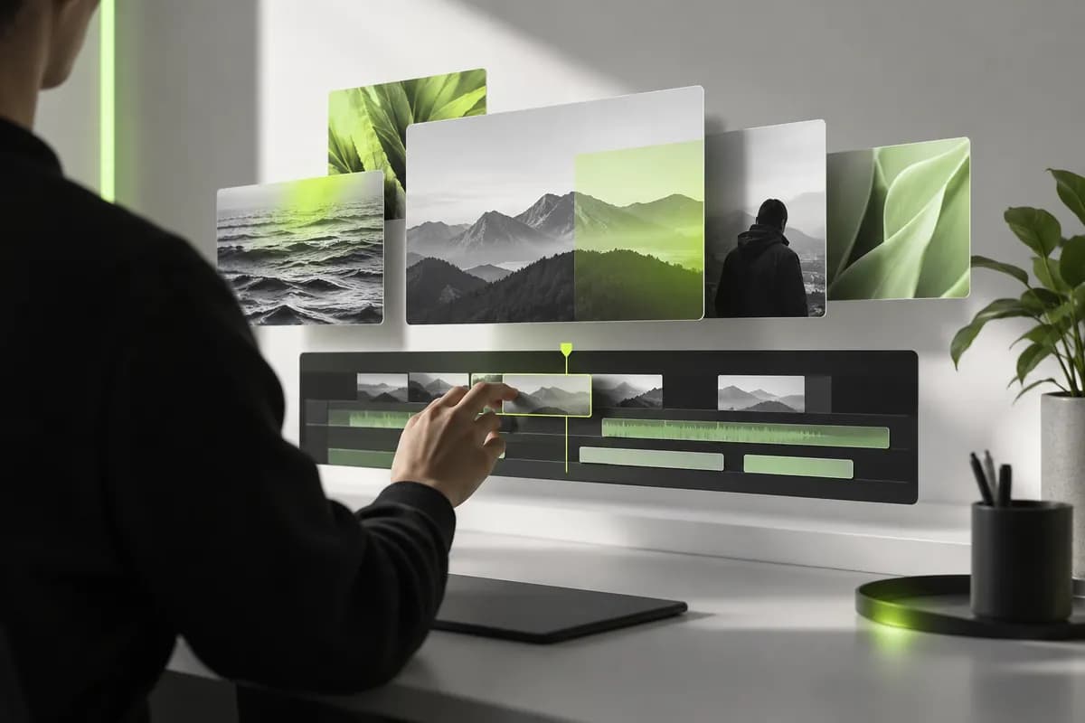 Abstract editing workspace with colorful media panels and a silhouetted hand adjusting a timeline