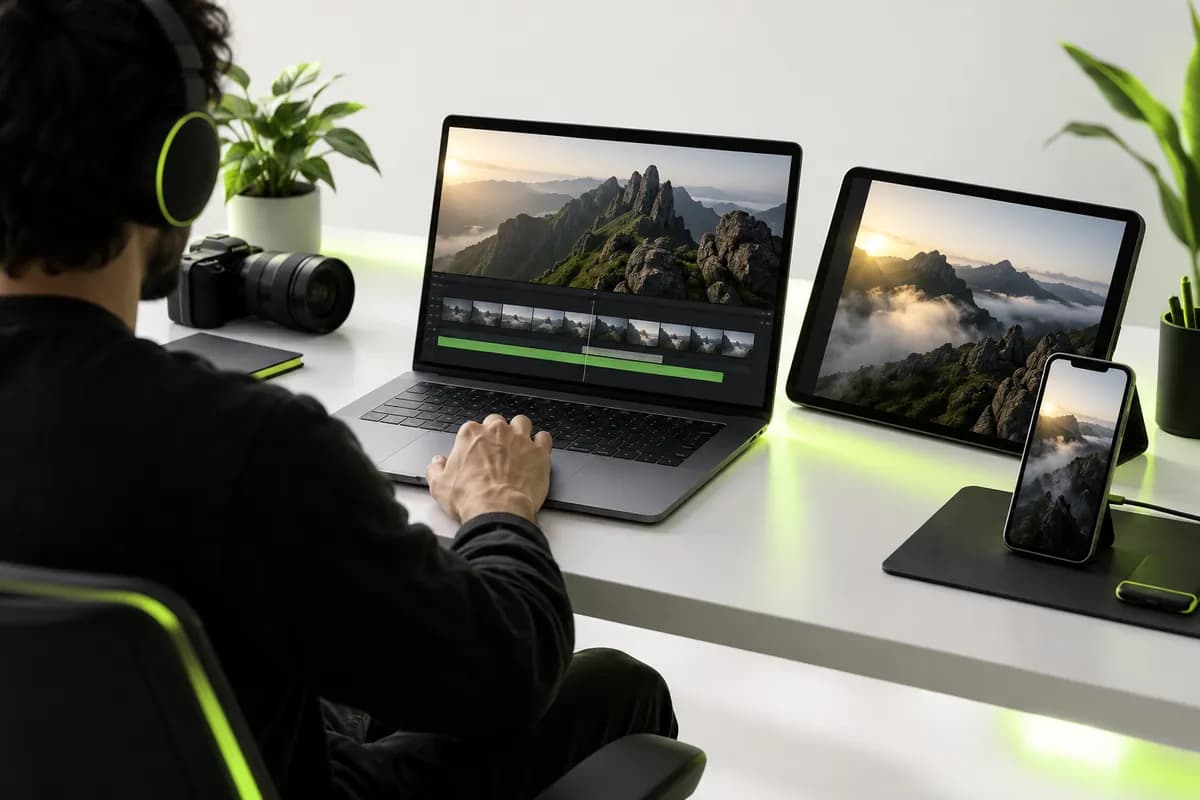 Abstract multi-device video editing setup with blank laptop, tablet, and phone screens