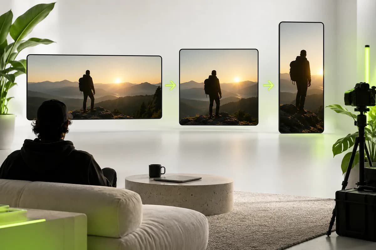 Abstract video repurposing workflow shown across wide, square, and vertical content frames