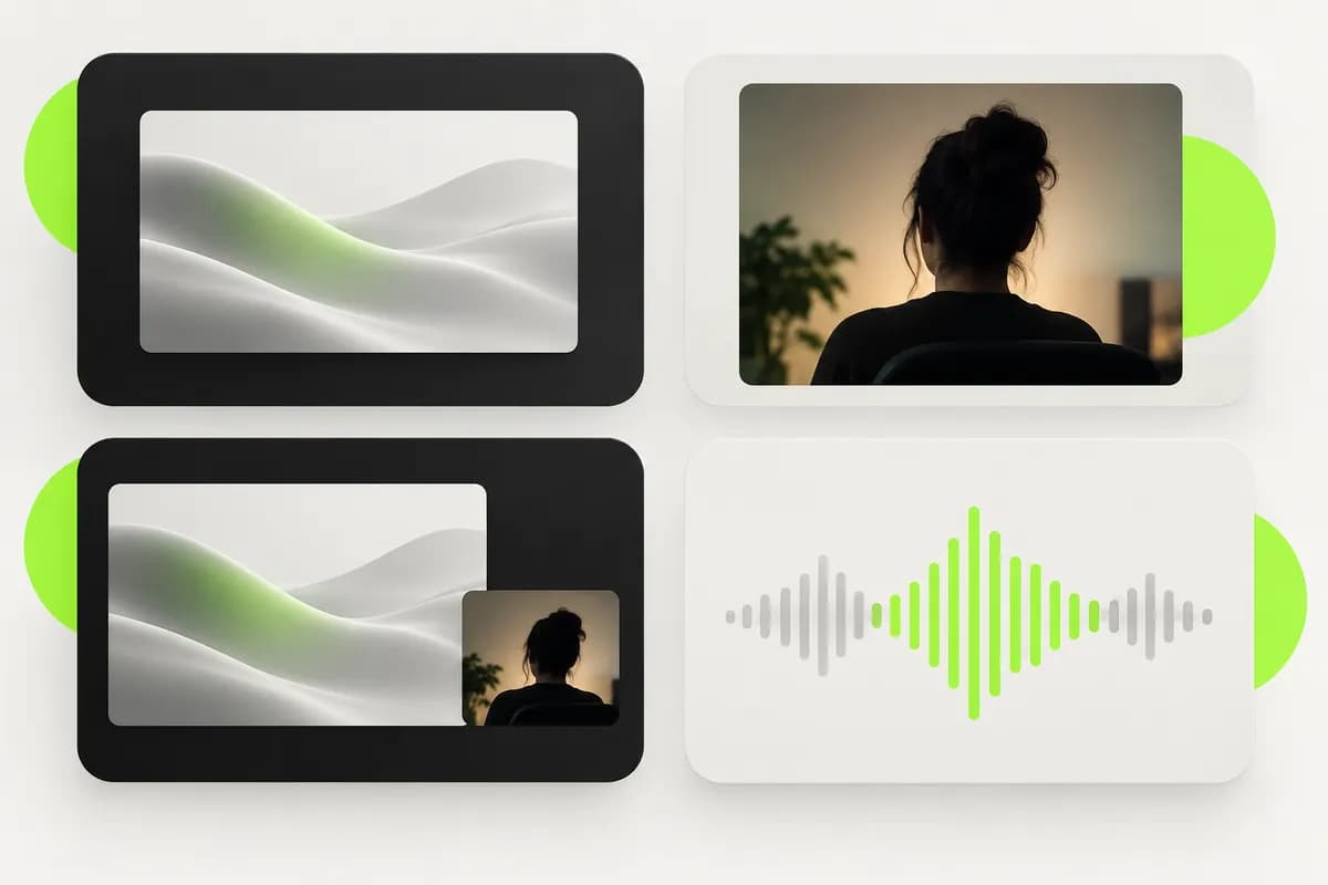 Abstract illustration of four screen recording layouts arranged as screen, camera, combined, and audio options