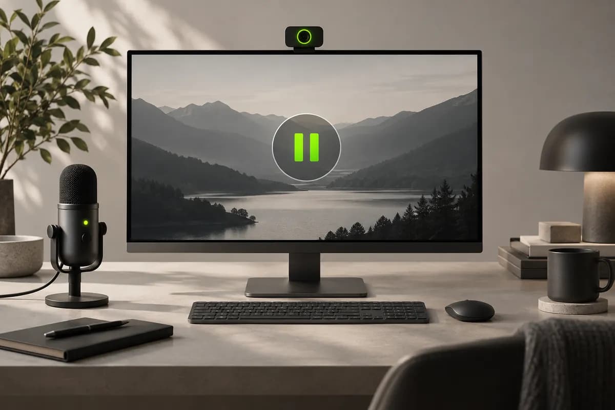 Minimal recording desk scene with a monitor, camera lens, pause control, and lime status light