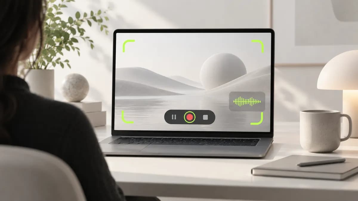 Abstract screen recording demonstration with a softly lit camera frame, recorder controls, and lime accents