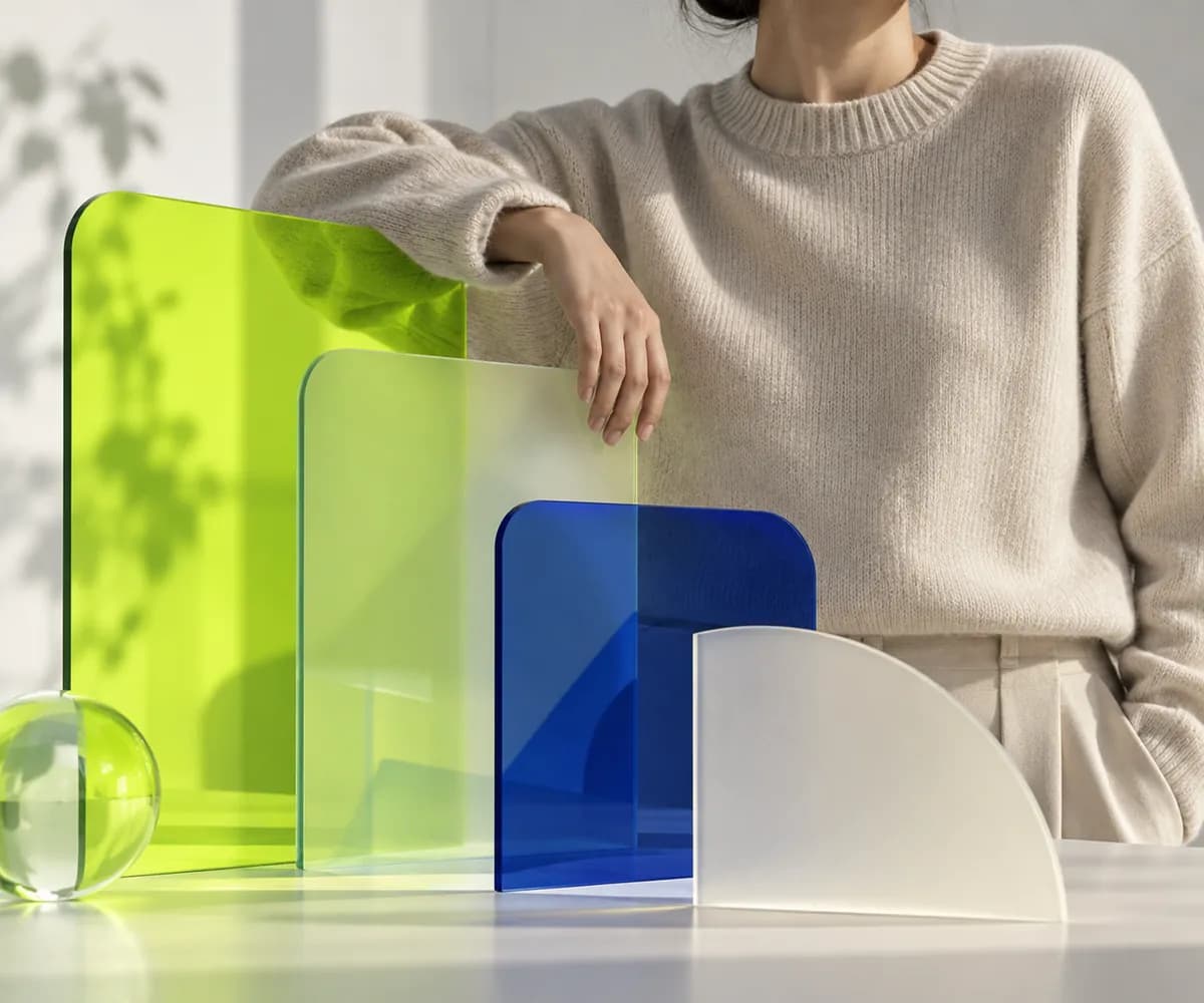 Abstract editorial portrait of a person cropped below the chin beside multilingual color panels