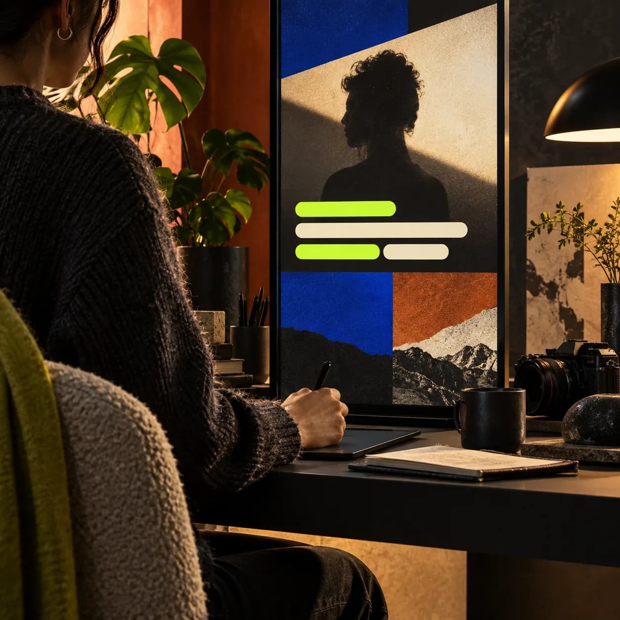 Abstract cinematic scene representing automated subtitle styling with a silhouetted creator and vivid lime accents