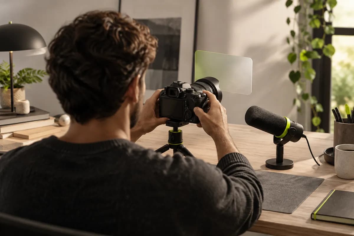 Over-the-shoulder view of a creator checking a camera setup with a clean prompt panel near the lens