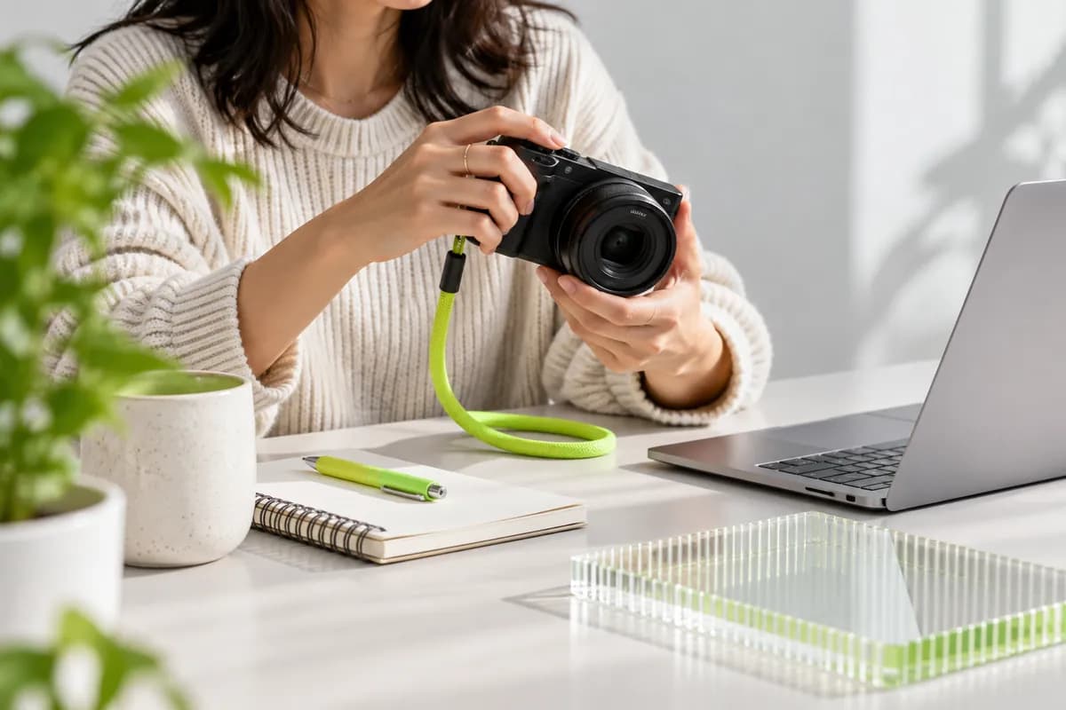 Hands adjusting a browser-based recording setup beside a compact camera and notebook