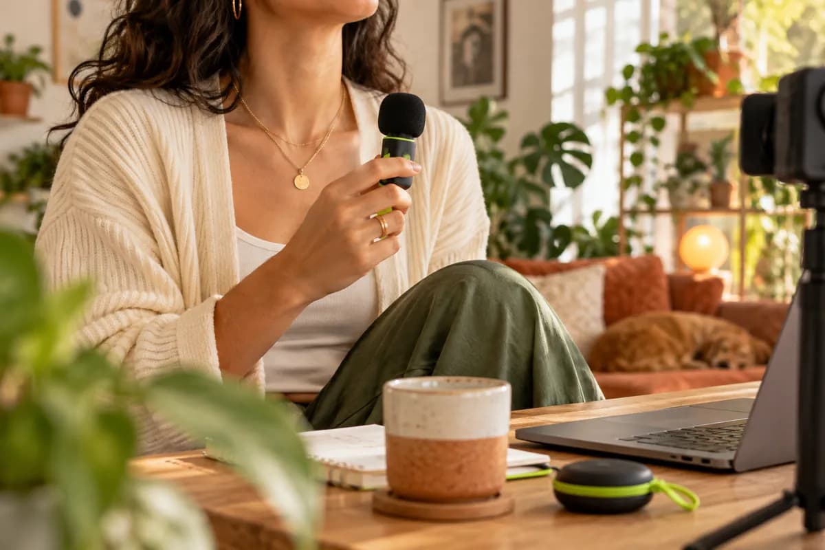Creator holding a microphone in a bright room while preparing a polished talking-head recording