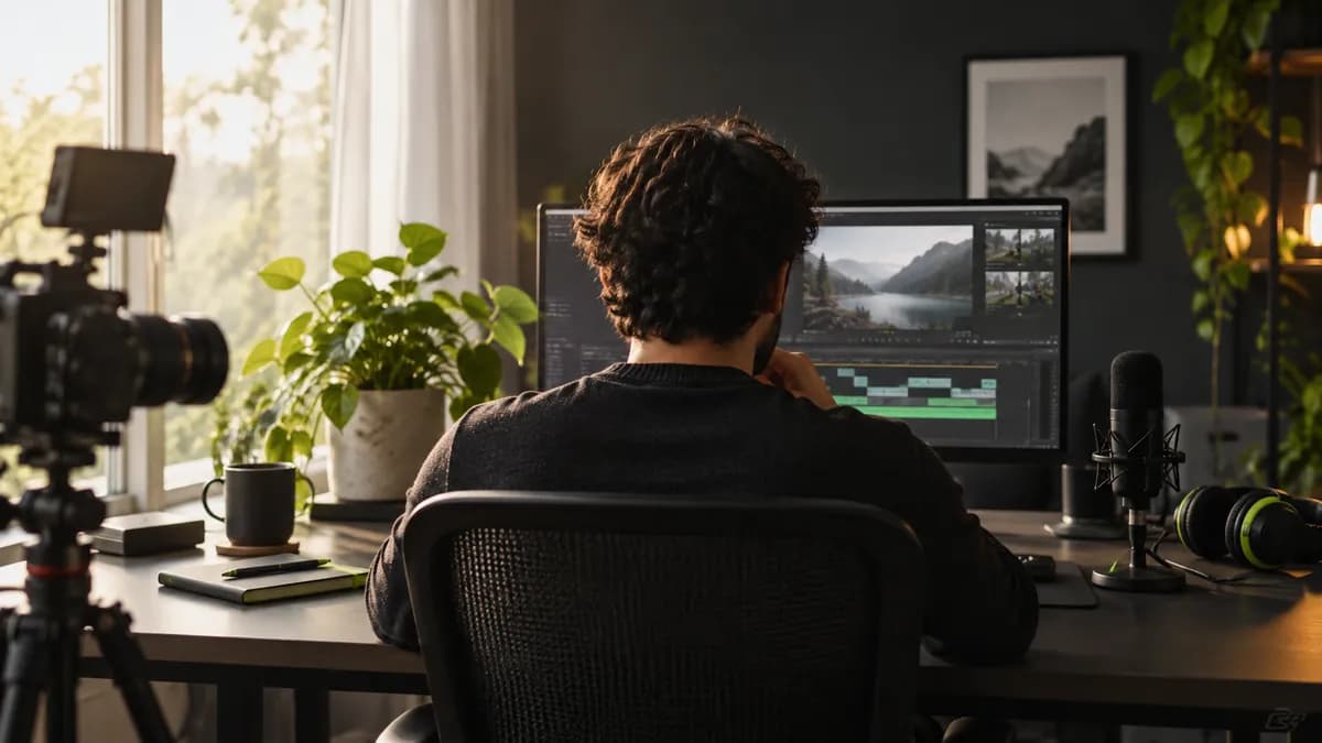 Abstract video production workspace showing a creator preparing a spoken narration