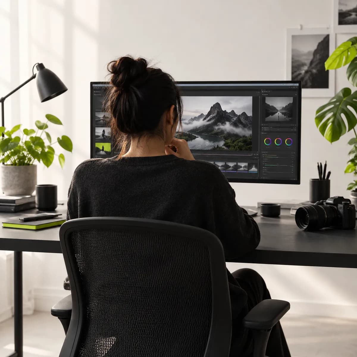 Cropped silhouette of a creator in a clean neutral workspace