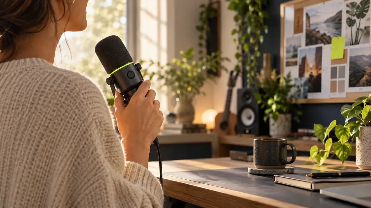 Creator cropped below the chin holding a microphone in a warm home studio