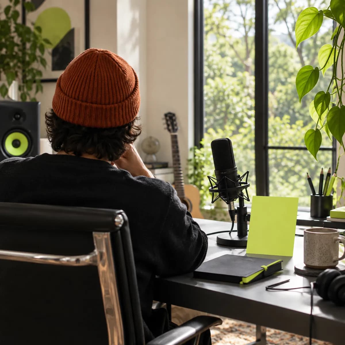 Anonymous creator working beside a microphone in a bright studio with a pale lime transcription card