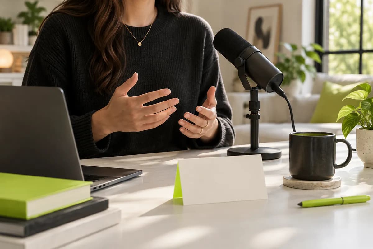 Anonymous speaker recording a meeting beside a microphone with a blank note card