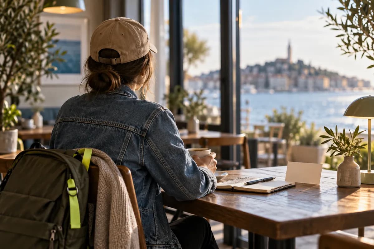 Anonymous traveler seen from behind reviewing a multilingual transcription notebook