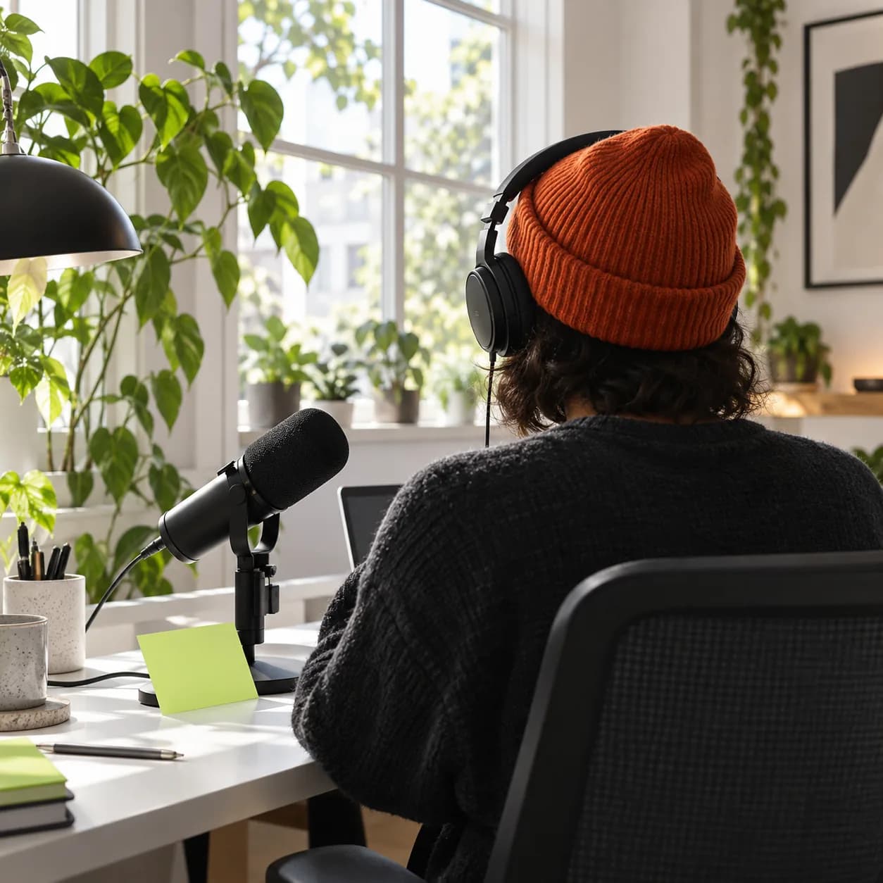 Anonymous creator working beside a studio microphone with a pale lime transcription card in the foreground