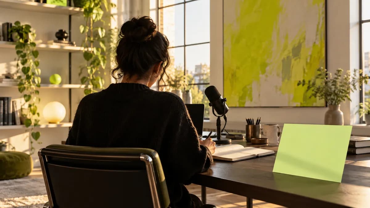 Anonymous creator demonstrating transcription beside a microphone in a warm studio
