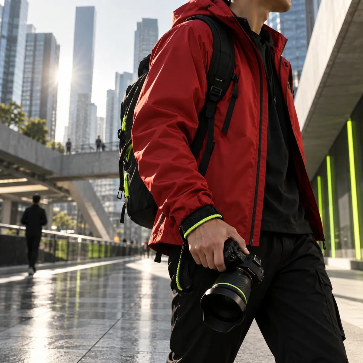 Creator in a red jacket captured against a city scene for a video editing call to action