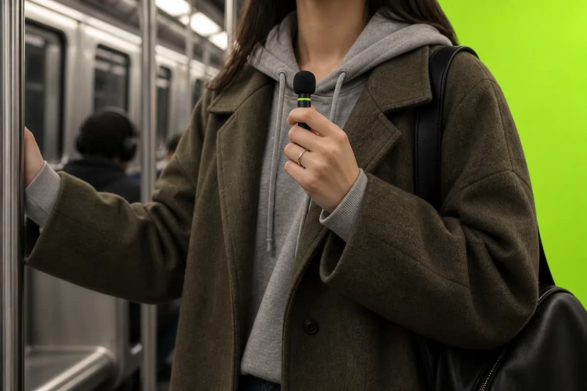 Creator holding a microphone in a subway scene with a bright lime background transition