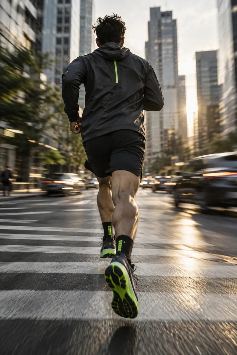 Runner crossing a city street inside a crop frame with a blurred urban background