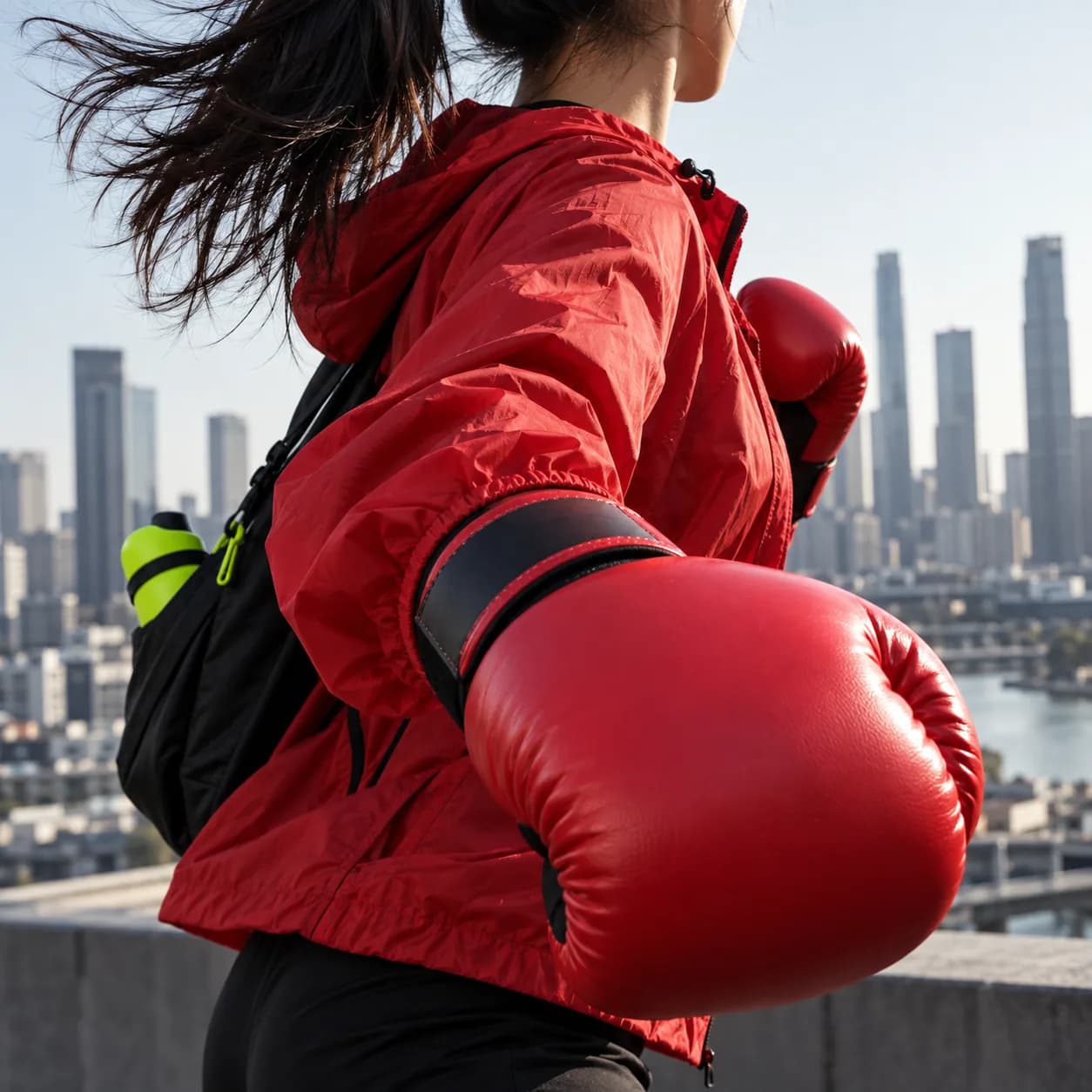 Dynamic creator in a red jacket in front of a softly blurred city background