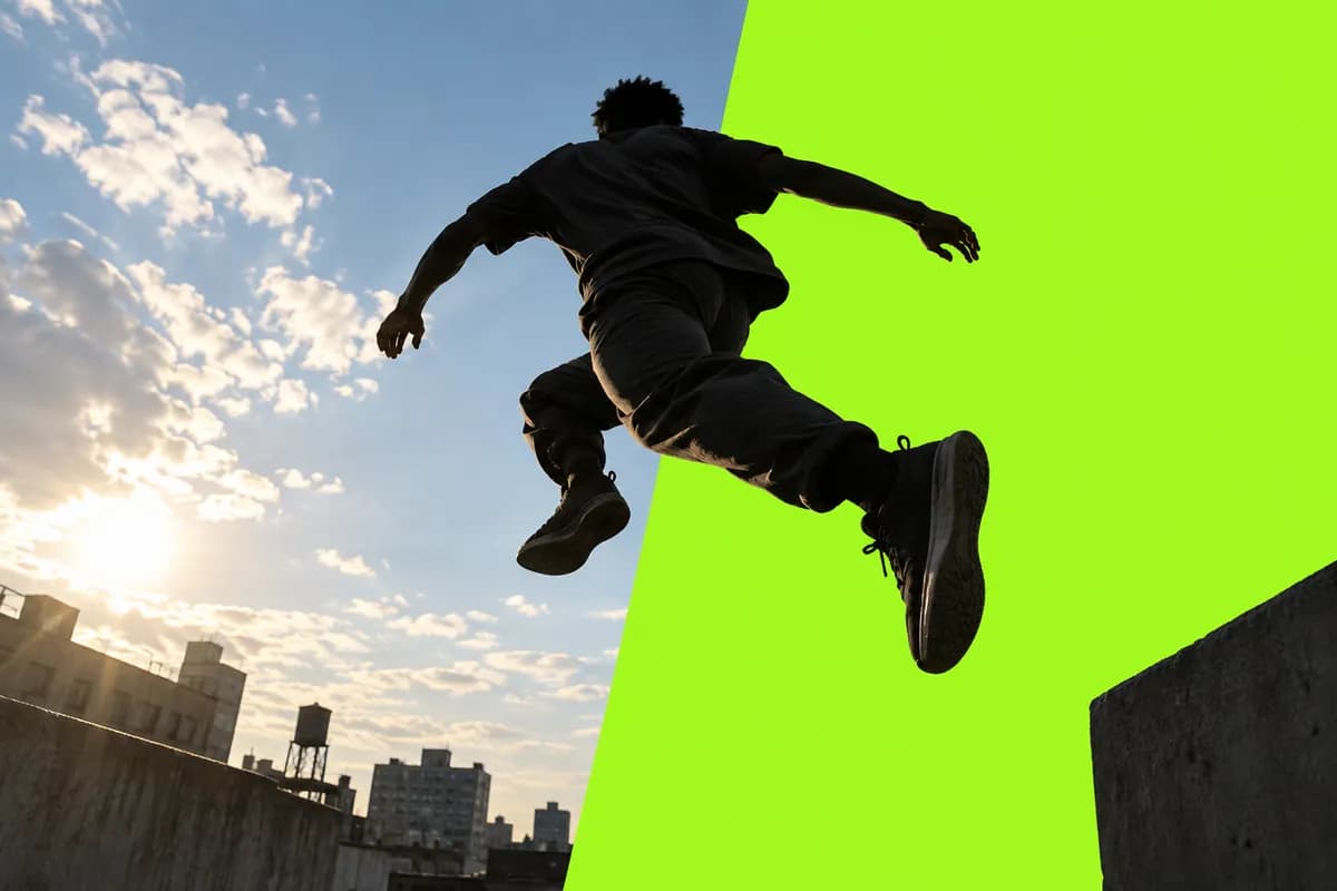 Athletic creator captured mid-air beside a bright lime background transition