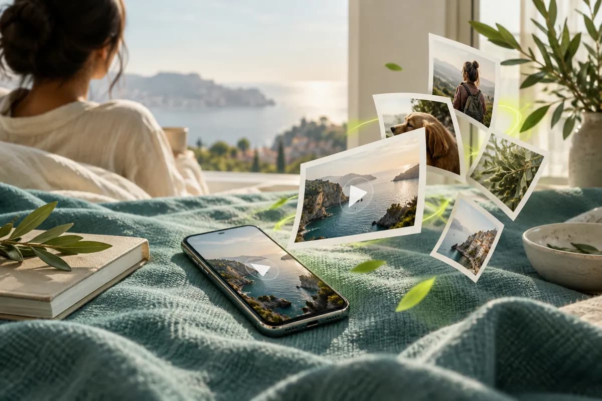 Abstract sharing scene with a phone, paper frames, and a soft teal fabric surface