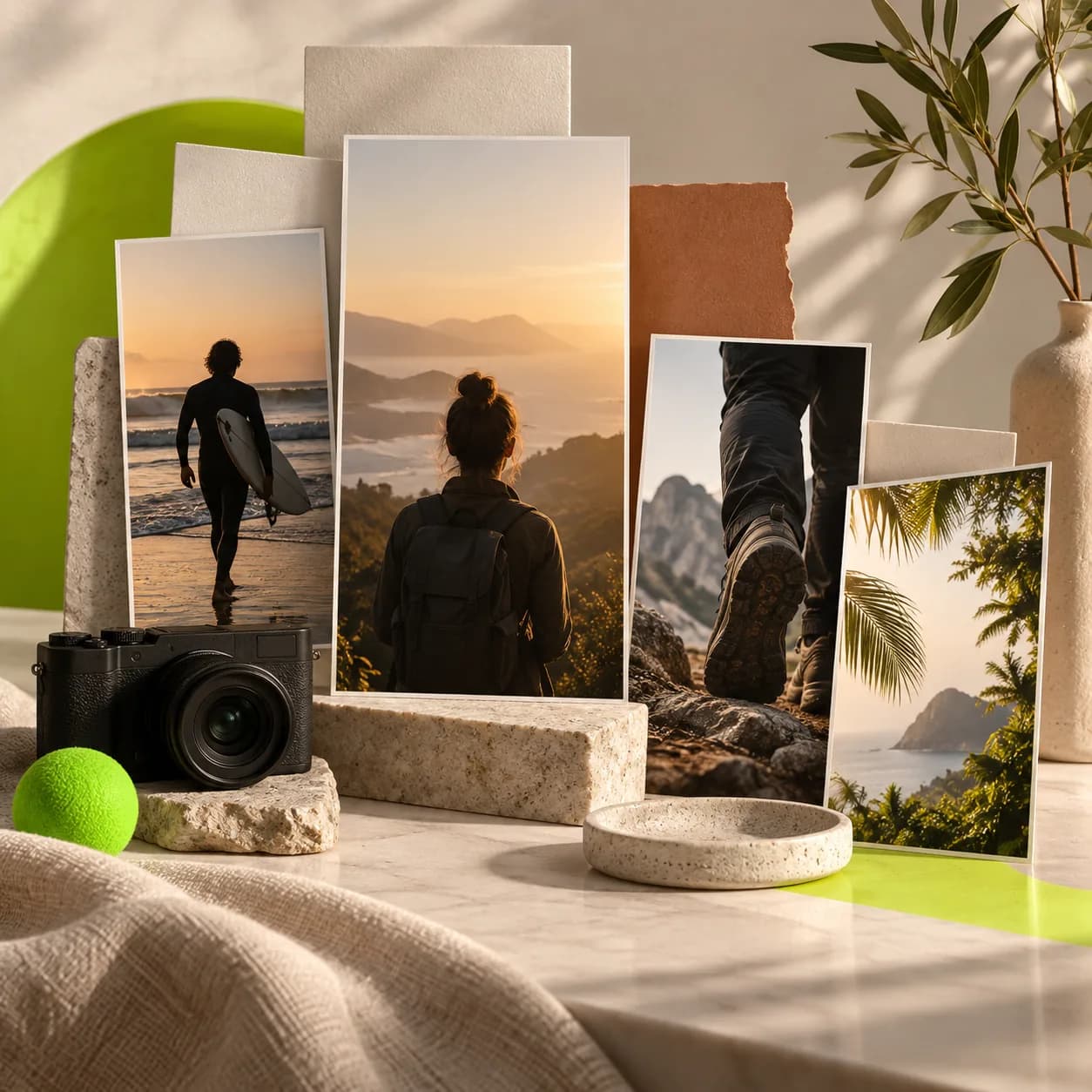 Abstract vertical video collage on a warm neutral studio surface with lime accents