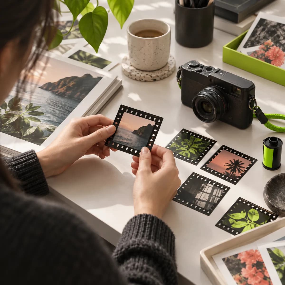 Creative tabletop with colorful footage and a camera ready for video editing