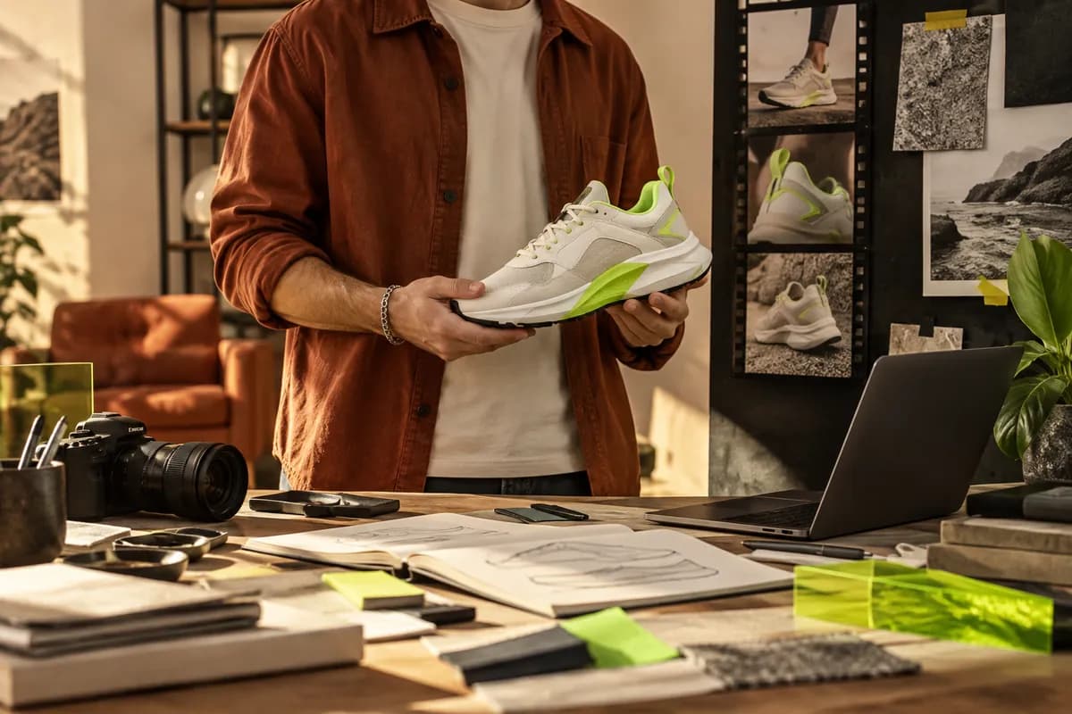 Cropped creator holding a sneaker beside a colorful social video storyboard