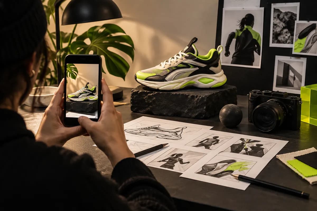 Vertical social video concept shown on a phone beside editing materials