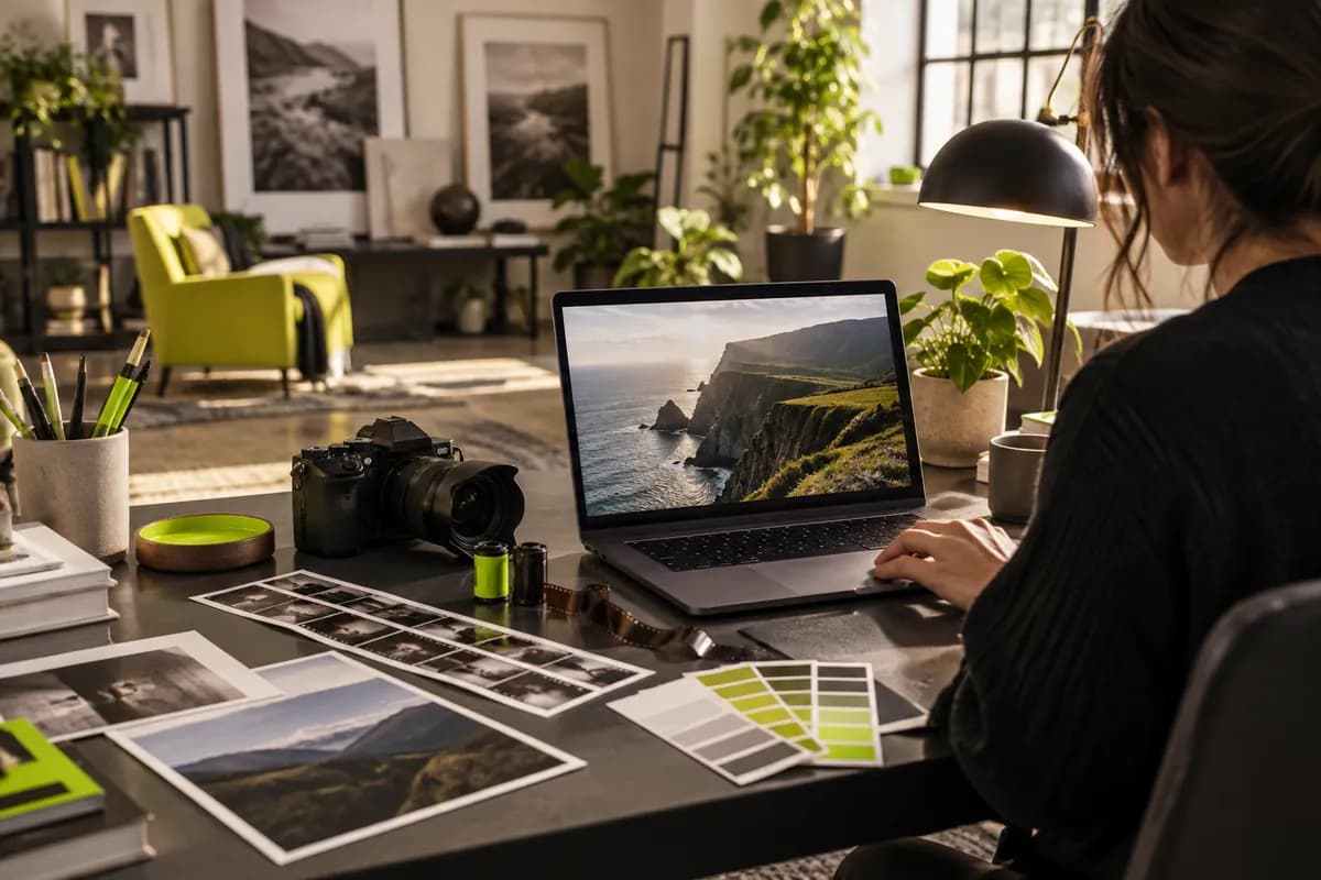 Creative studio scene showing a video editing workflow with a lime play button