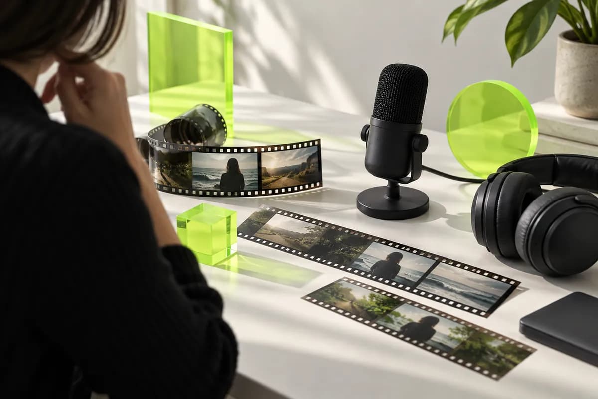 Abstract AI video editing workspace represented through layered creative materials