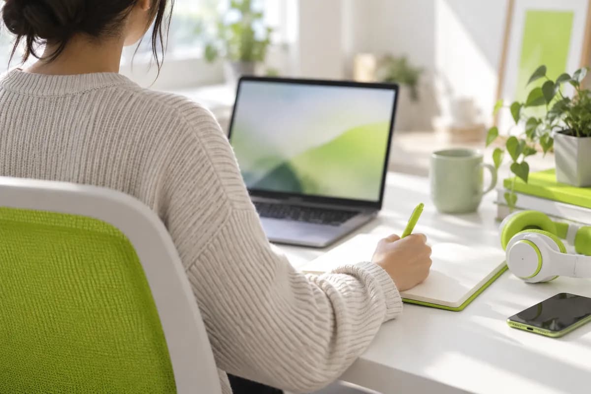 Creator preparing multilingual captions beside a laptop and notebook