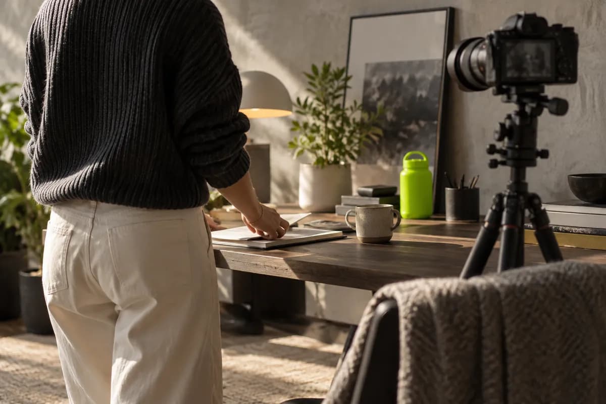 Content creator working in a warm home studio with a camera and editing materials