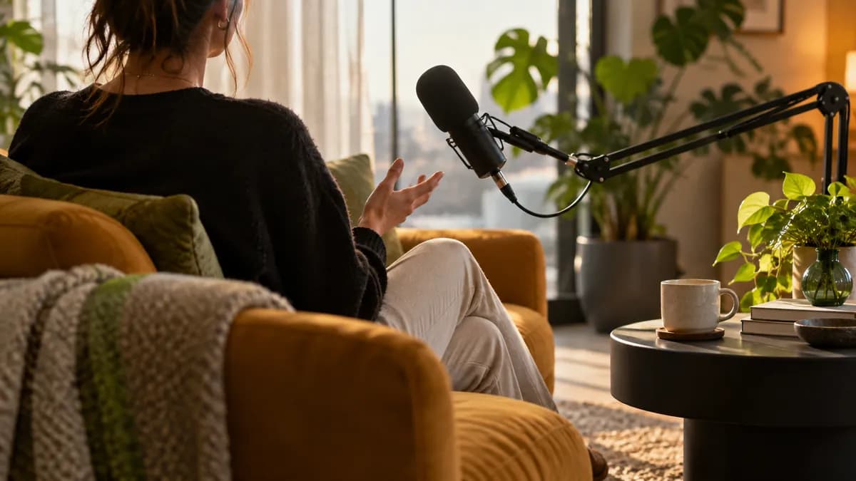 Creator recording a podcast in a warm studio for a text-based editing walkthrough