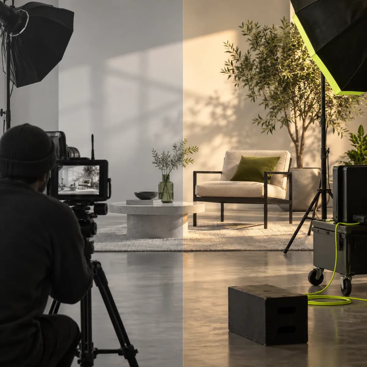 Cinematic before and after color treatment on a camera studio scene