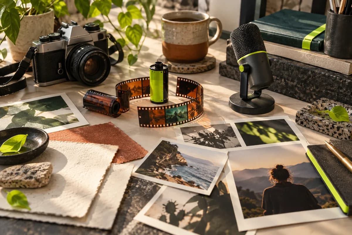 Colorful film strips and stock media arranged on a creative desk