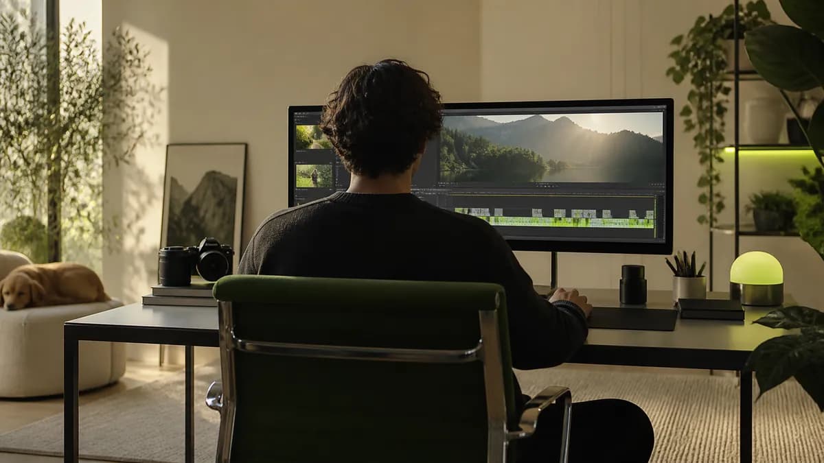 Anonymous creator seen from behind at a video editing desk